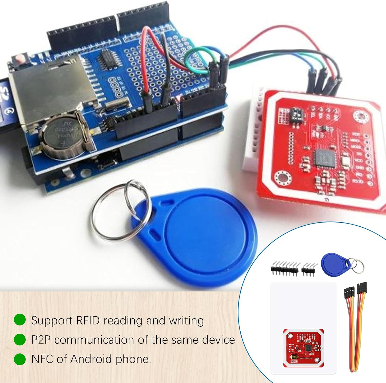 PN532 NFC RFID module connected to an Arduino board, with a blue key fob and white card nearby.