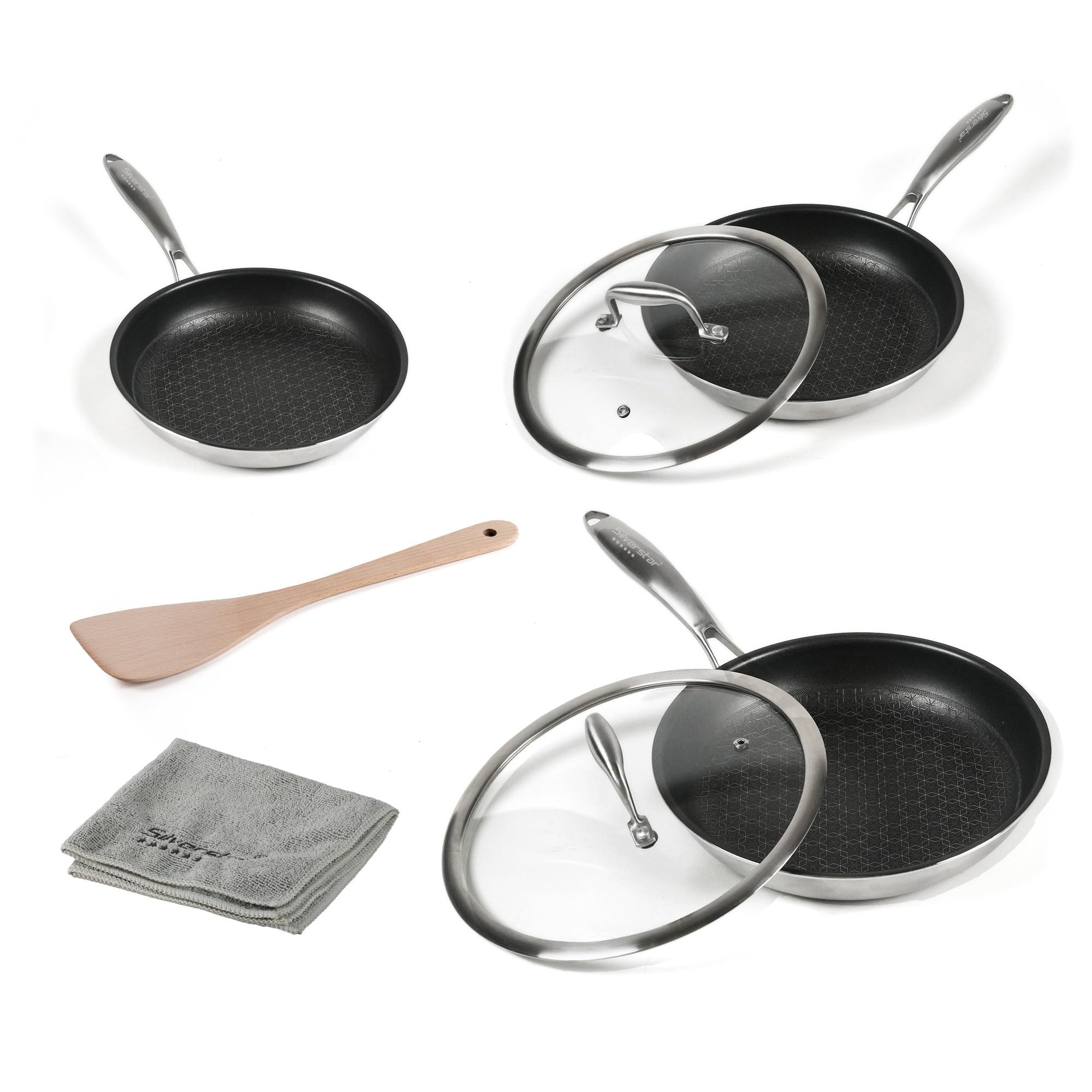 Silverstar Set di padelle in acciaio inox, 20/24/28 cm, con coperchio 24/28 cm, spatola a nido d'ape, antigraffio, antiaderente a induzione, struttura a nido d'ape, per tutti i piani cottura, forno,