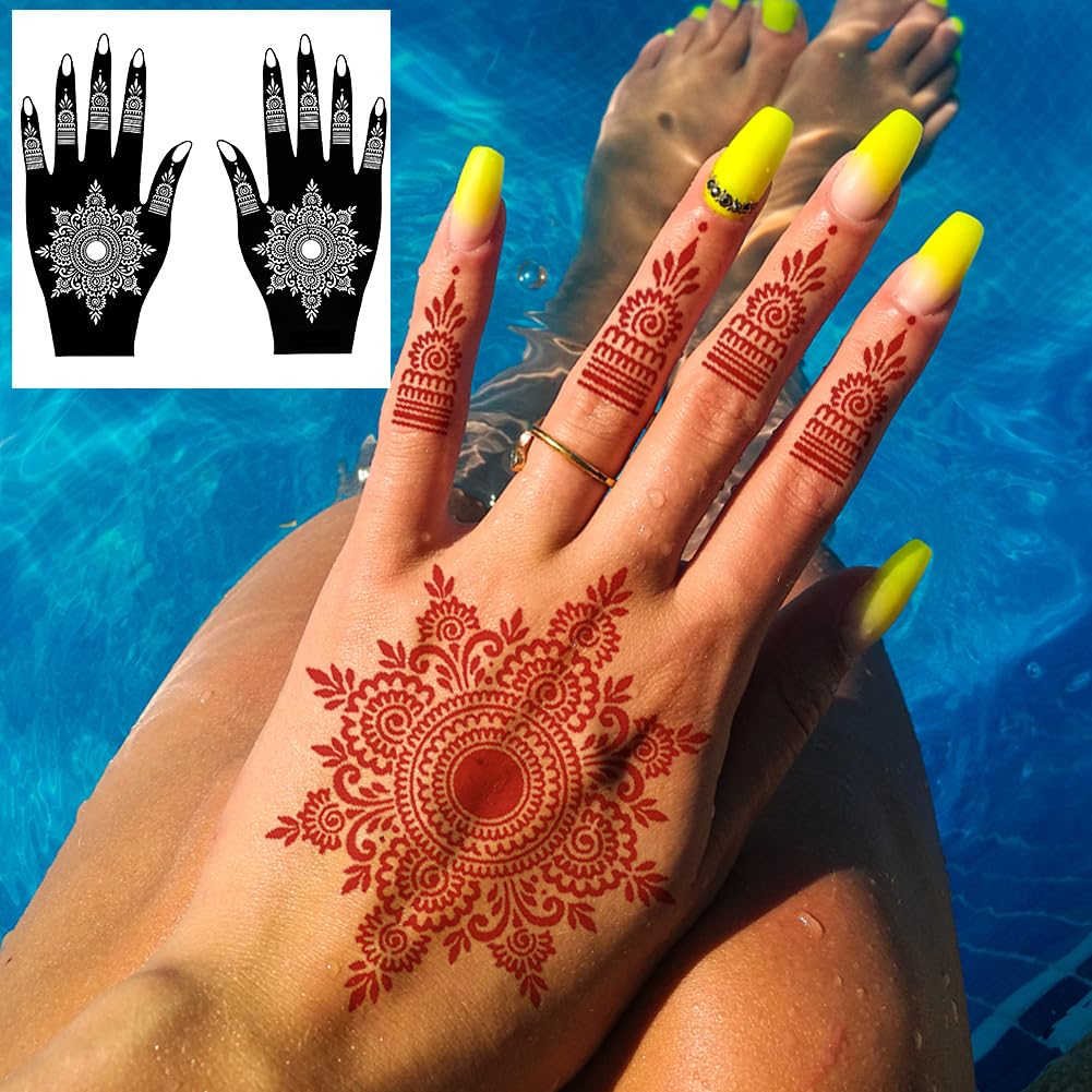 QSTOHENA 12 Sheets Henna Tattoo Stencil Kit for Hands, Indian Arabian Temporary Tattoo Template Self Adhesive Mehndi Stencil Stickers for Women Girls?8.2