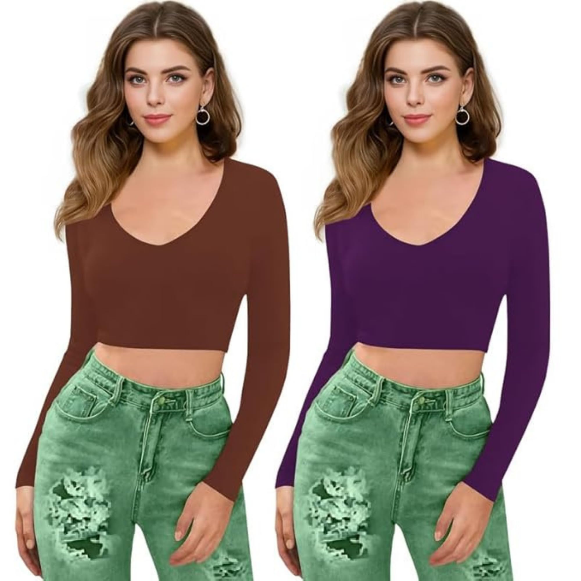 navyankaa Casual Polyester Blend V Neck Regular Long Sleeves Styalish Solid Crop Top (Pack of 2) Combo-01-Baati-P-picture-41