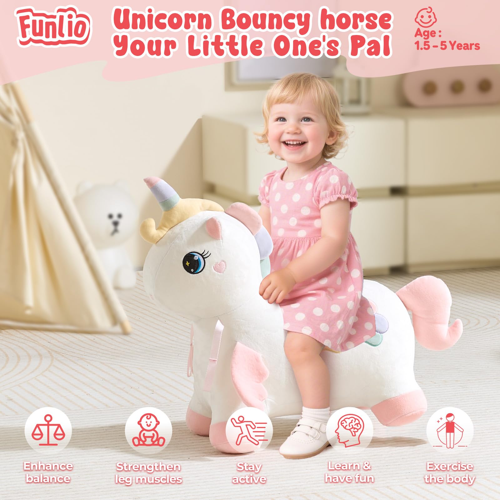 FUNLIO Caballo de Juguete Unicornio, Animal Inflable Arcoíris para Niños de 1.5 a 5 Años, Unicornio para Montar, Funda Extraíble y Lavable, Regalo Original, Certificado CPC y CE