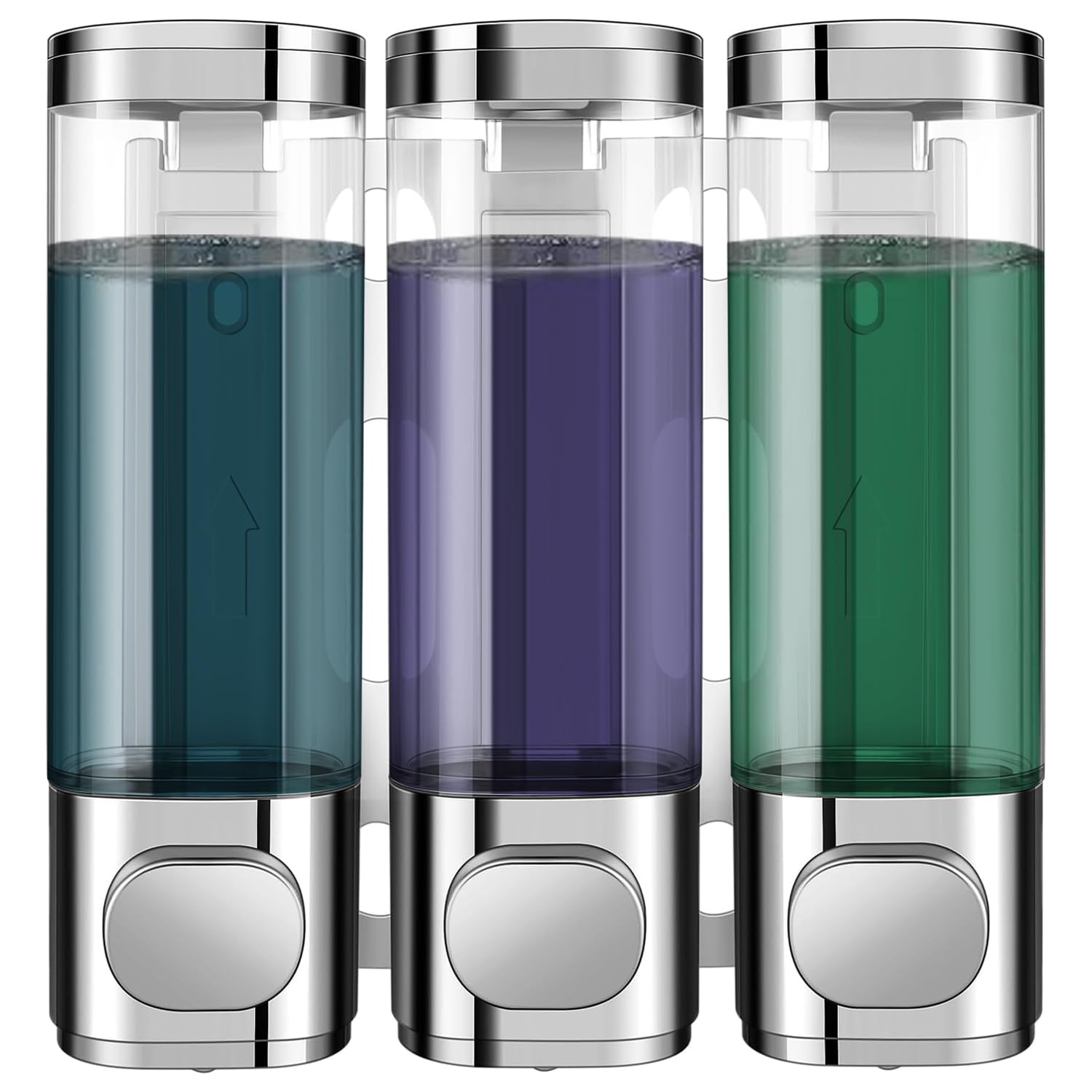 EuschematinWall Mounted Soap Dispenser,Shampoo Dispenser, 3 Chamber 300mL*3 Simple Human Plastic Body Wash Shower Gel Shampoo Conditioner Soap Dispenser Holder No Drill Set for Bathroom (Silver)