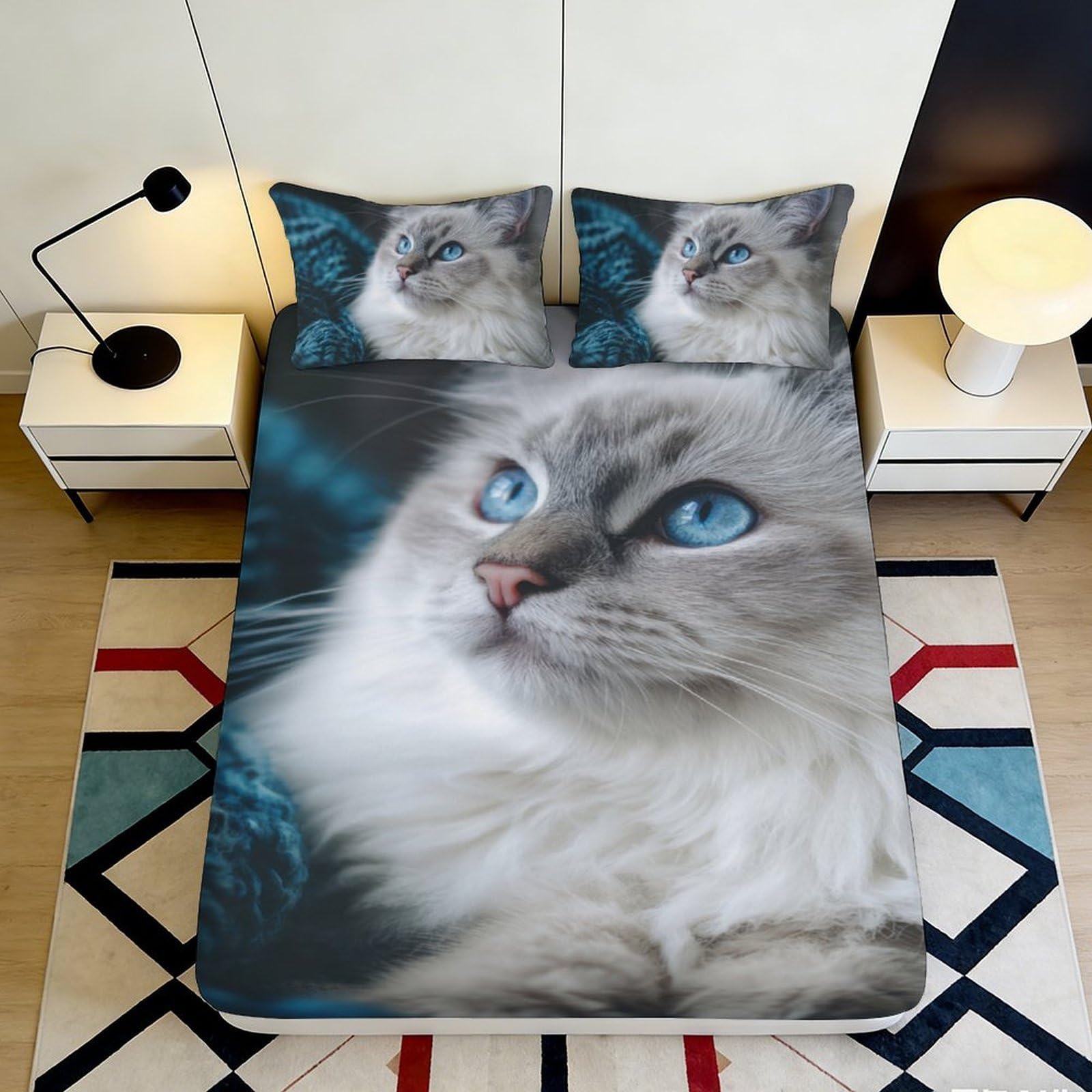 Pnayamiorkfel Style-5 3D Printed Blue Eyed Cat Fitted Sheet Microfiber Soft Non-Slip Bed Cover Bedroom Decor Mattress Protection 90X200x25cm