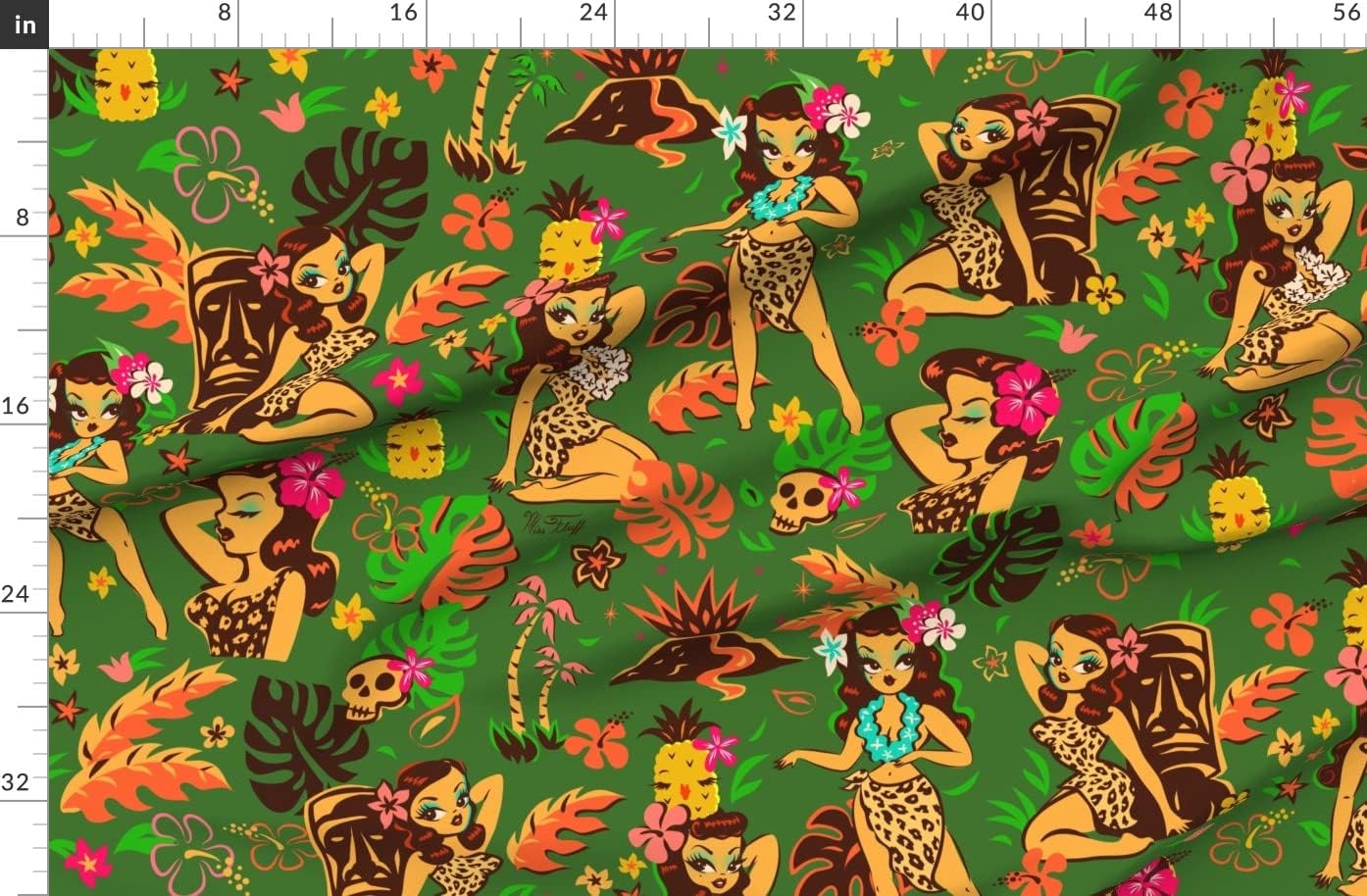 Spoonflower Fabric - Tiki Green Large Art Retro Hawaii Tropical Vintage Printed on Organic Cotton Sateen Fabric by The Yard - Sewing Quilting Apparel Home Decor