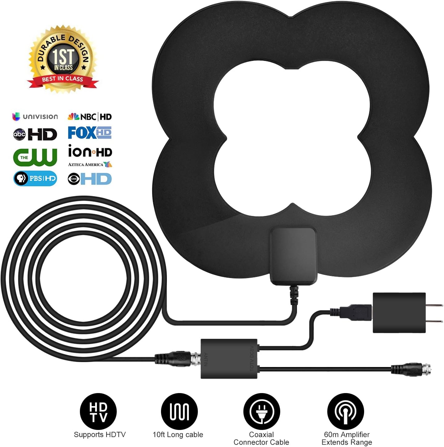 TV Antenna, 50 Miles Long Range TV Antenna For Digital TV Indoor, Aluminum Foil TV Antenna, More Stable Signal, 10 FT Digital Antenna With Detachable Amplifier Signal Booster(UL Certificate)