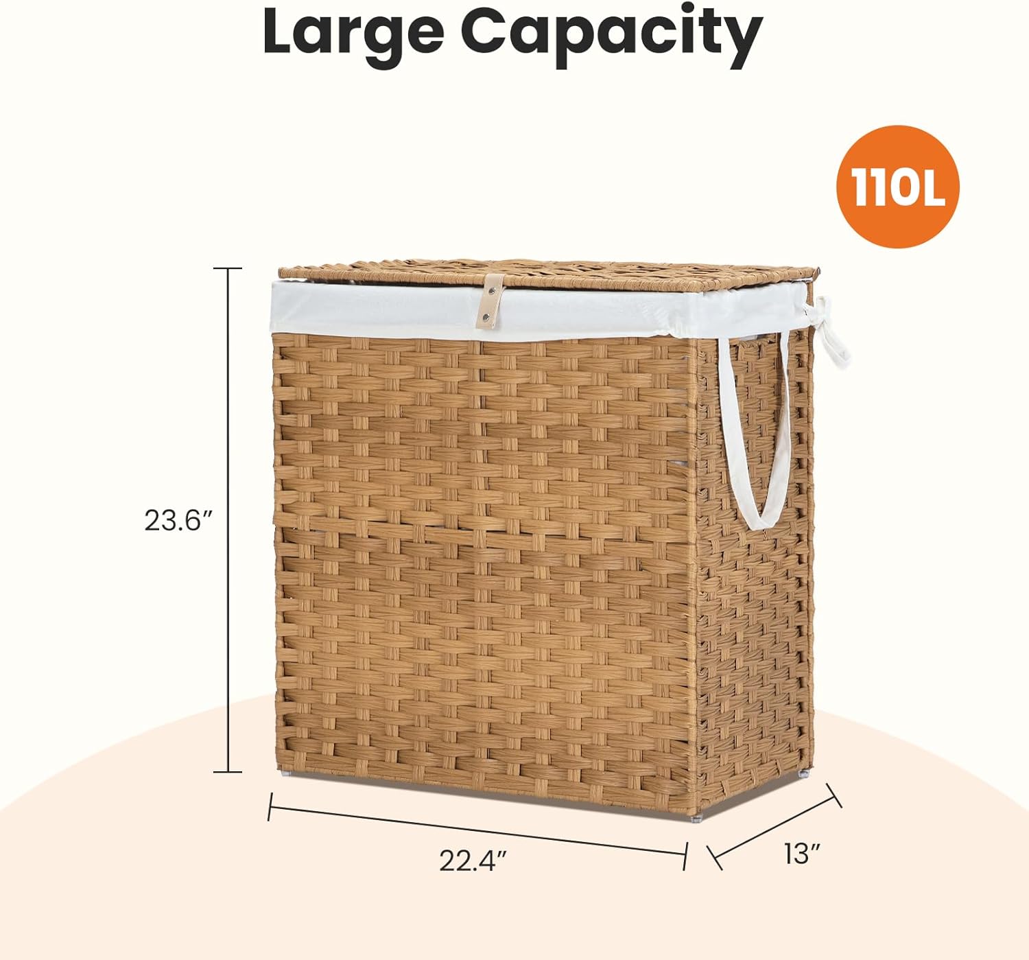 Laundry Basket with Lid, 110 L Rattan Clothes Laundry Basket with Lid and Handles, Foldable Clothes Hamper, Removable Liner, Goose Yellow