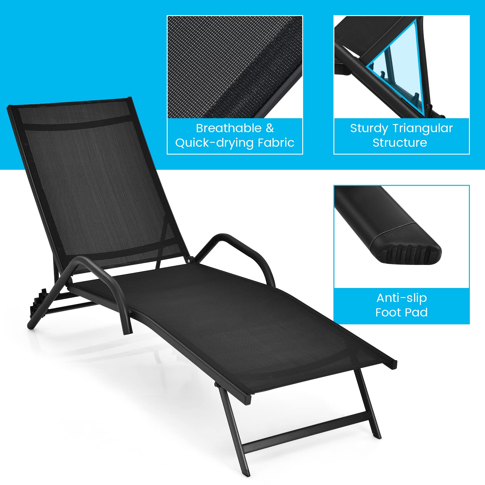 GIANTEX Set da 2 Lettini da Giardino Ergonomici, Schienale Regolabile in 5 Posizioni, Telaio in Ferro, Portata massima 160 kg, 184,5 x 62 x 71 cm
