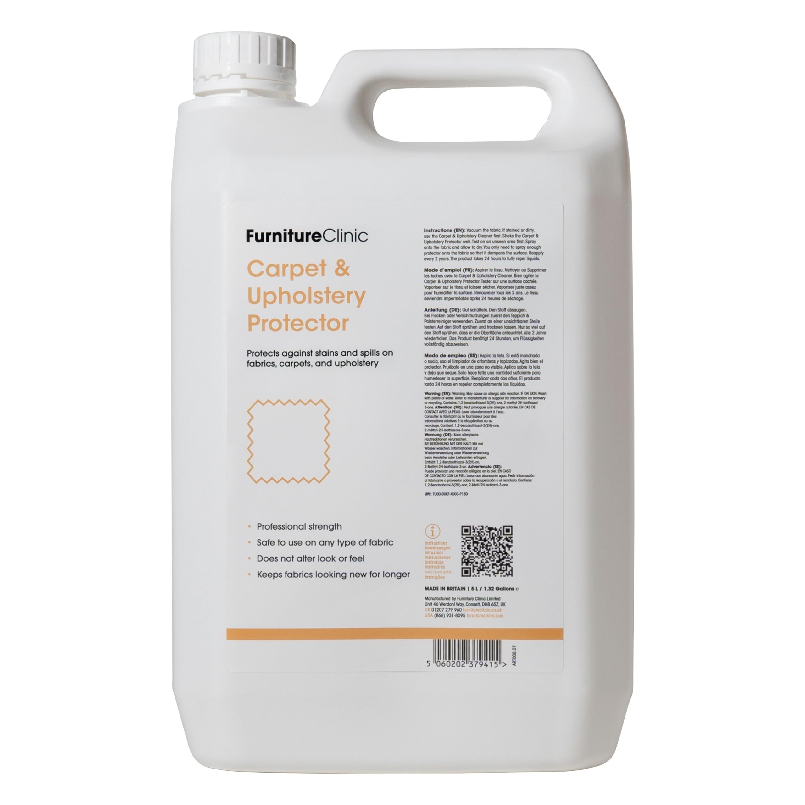 Furniture Clinic Spray protecteur pour tapis et tissus d'ameublement - Repousse toutes les taches et l'eau - Spray protecteur pour tissus d'ameublement, tapis, canapés, sièges de voiture - 5 L