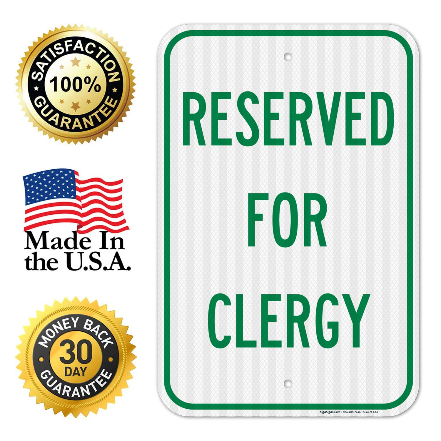 Reserved for Clergy Sign, 12x18 Inches, 3M EGP Reflective .063 Aluminum, Fade Resistant, Made in USA