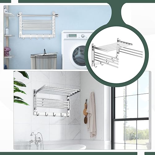 Miniatura 7 de AUROPEAK Estante de secado de ropa para lavandería plegable para interiores estante de secado montado en la pared toallero giratorio con ganchos y