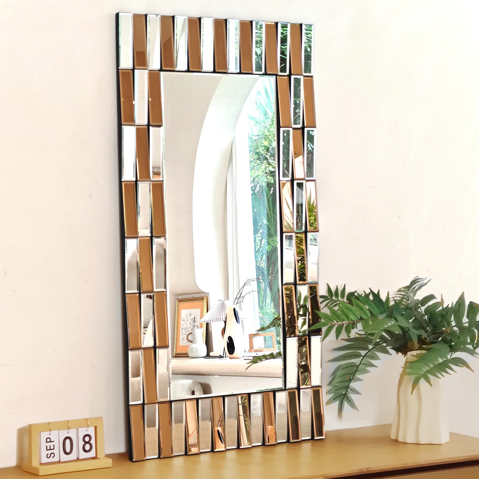 View 1 of Decorative Rectangle Wall Mirror: 47.2x23.6 inch Full Length Glass Vanity with Silver and Golden Brown Glam Bling Mosaic Art Mirrored Framing, Luxury Modern Living Room Decoration 47.2 x 23.6 inches
