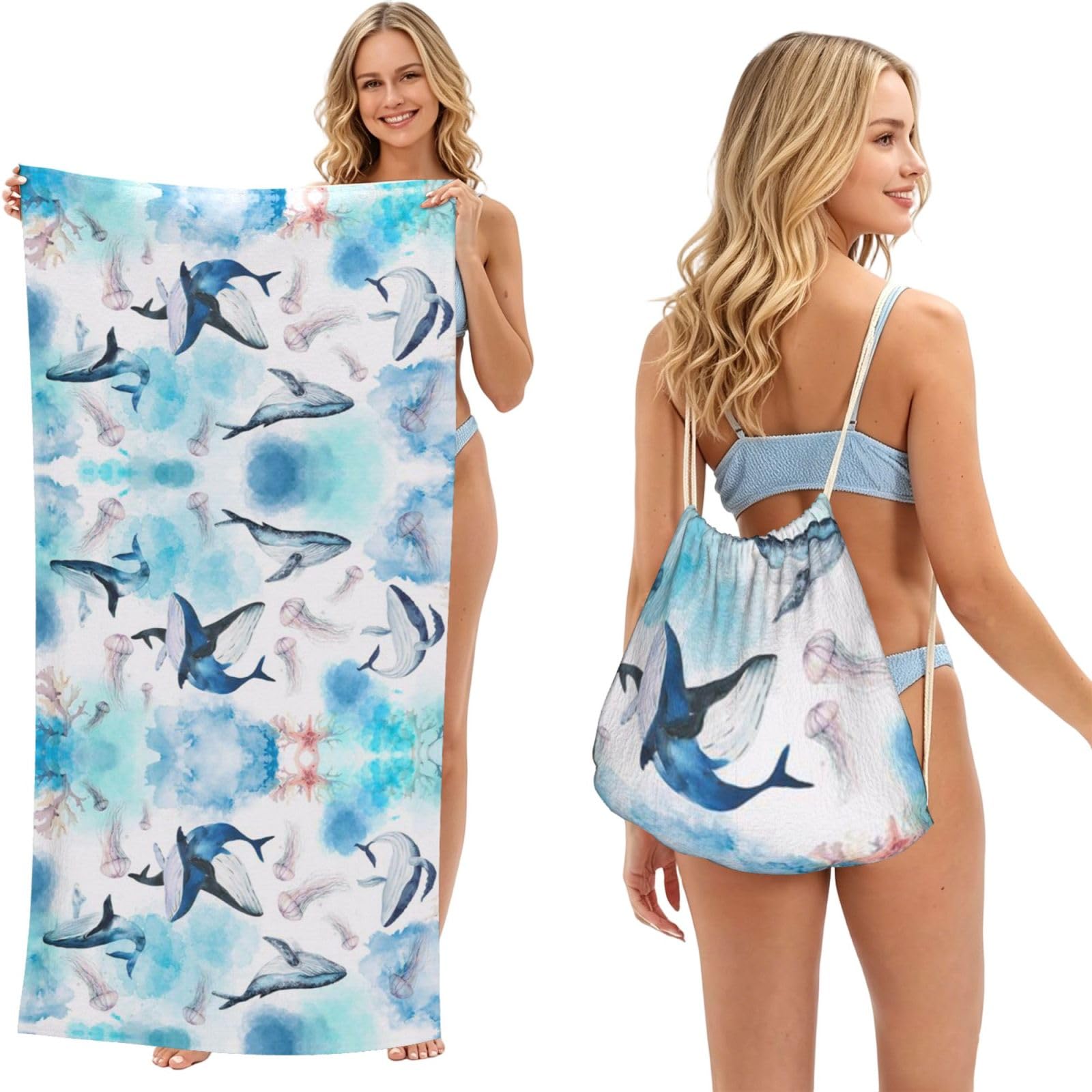SATUSA Sea Whale And Jellyfish Print 2-In-1 Foldable Beach Towel Backpack â€“ Camping, Yoga And Travel,Bath Towel With Built-In Storage, Convertible Beach Mat & Carry Bag