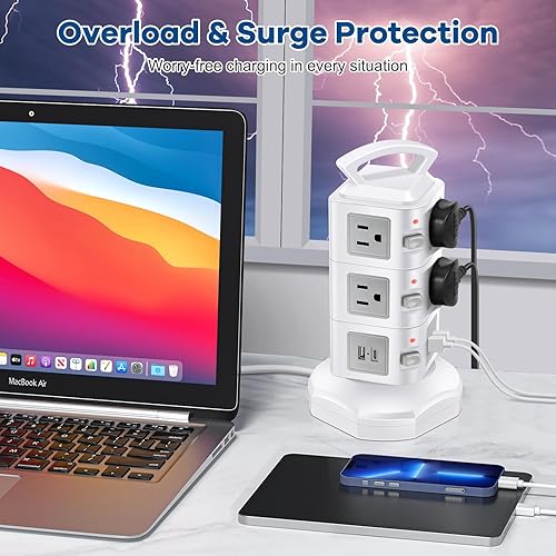 Miniatura 3 de Regleta de alimentación USB C de 10 tomas, protector de sobretensiones de 20 W, cable de extensión retráctil con 4 puertos USB, organizador de