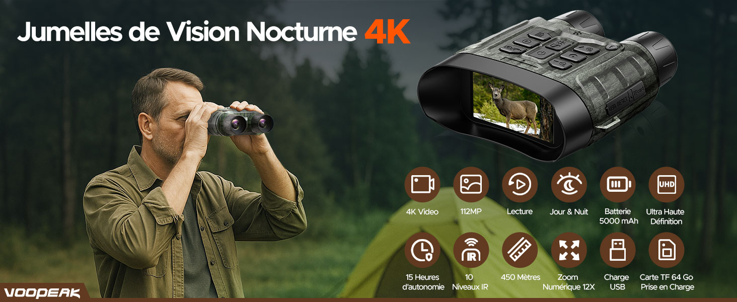 Jumelles Vision Nocturne 4K 112MP - Zoom 12x, Portée 450m, Batterie 5000mAh, Avec Carte 64 Go, Infrarouge Réglable
