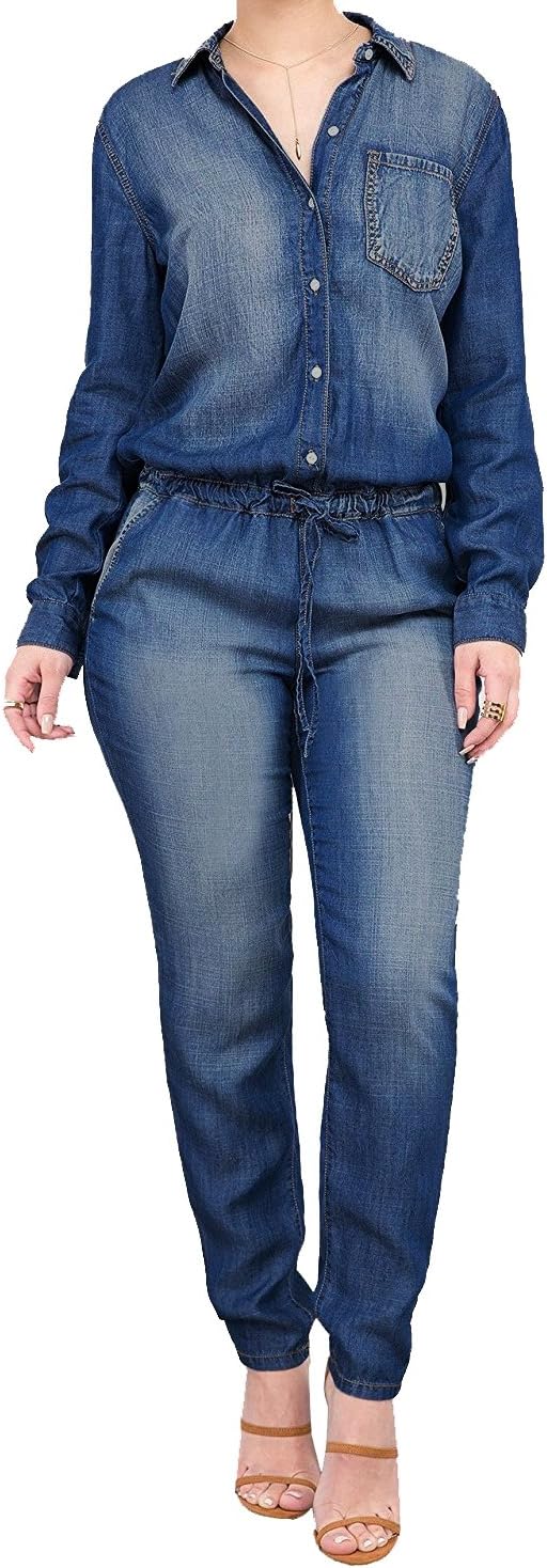 Eleganlife Women Fashion Denim Lapel Long Sleeve Buttons Long Pencil Pants Bodycon Jumpsuit Blue XLarge