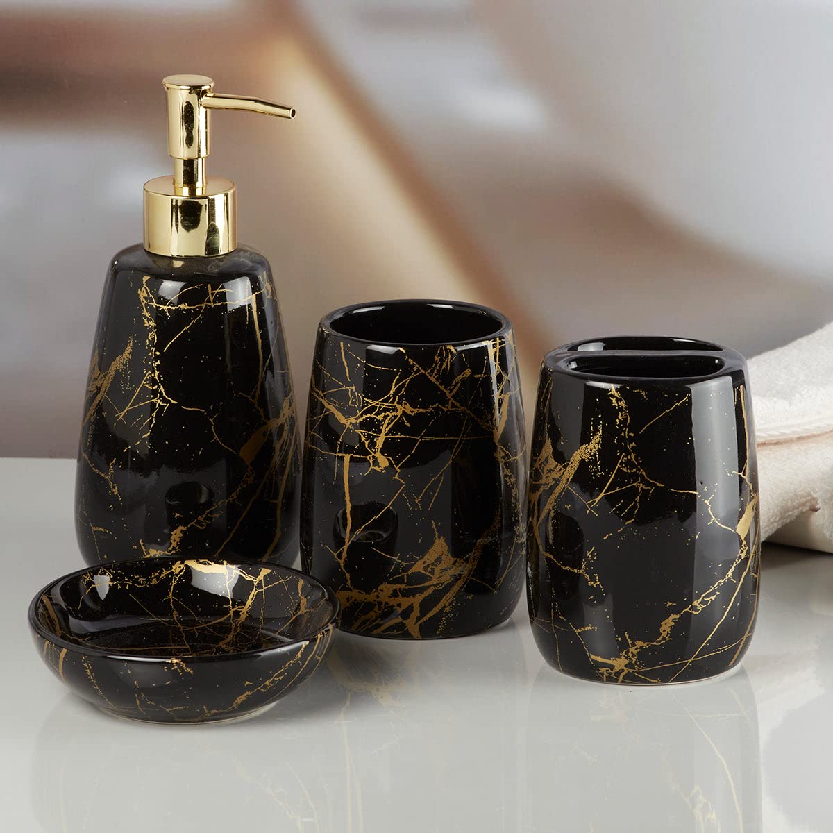 Kookee Ceramic Bathroom Set – Stylish 4 Piece Bath Accessories Kit with Soap Dispenser, Toothbrush Holder, Tumbler & Soap Dish – Modern & Designer Decor for Home & Guest Bathrooms (8062), Black