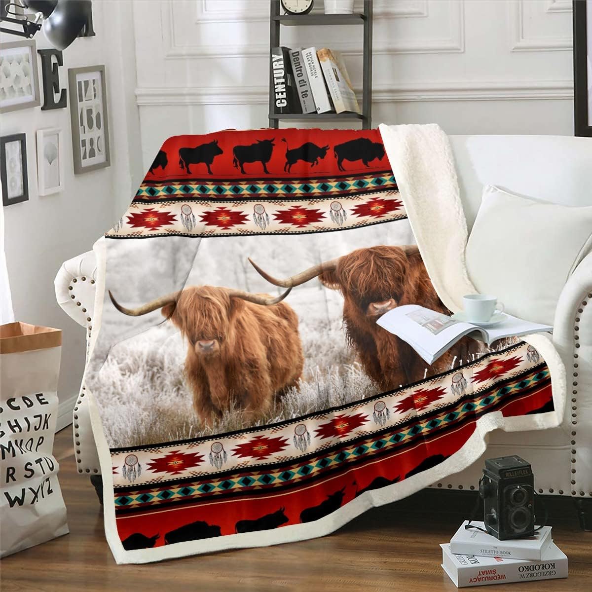 Highland Cow Blanket Ethnic Tribe Arrow Longhorn Bull