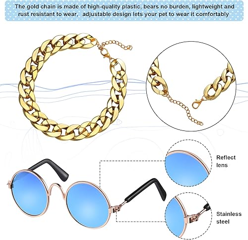 Miniatura 4 de El juego de disfraz de perro de 7 piezas incluye cadena dorada ajustable para mascotas y divertidas gafas de sol para perros pequeños y gatos, gafas