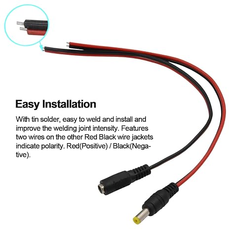 (Real 18AWG 43x2pcs Copper Strands 20 Pairs DC Power Pigtail Cable, 12V 5A Male & Female Barrel Connectors for CCTV Security Camera and Lighting Power Adapter (2.1mm x 5.5mm, Ultra Thick)