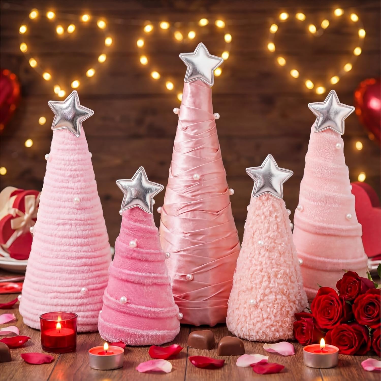 5 Pcs Pink Valentines Day Table Decorations Cone Yarn Tree Velvet Wool Plush Fur Surface Mini Valentines Trees for Tiered Tray Indoor Home Pink Decoration for Valentine Holiday Decor - Image 5
