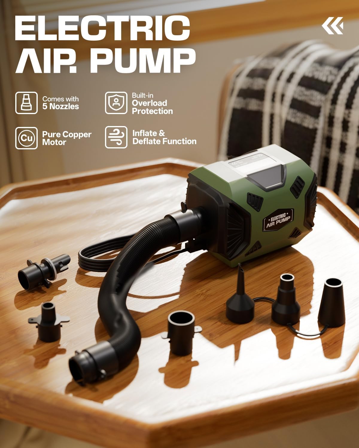 Electric Air Pump for Inflatables: Powerful Air Mattress Pump with Hose and 5 Nozzles, AC 120V Inflator Deflator Pumps for Gymnastics Track Mat Pool Float Raft Inflatable Bed