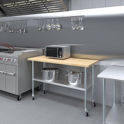 Miniatura 5 de Mesa de trabajo superior de madera de arce con estante inferior ajustable y ruedas (60 pulgadas de largo x 24 pulgadas de profundidad)