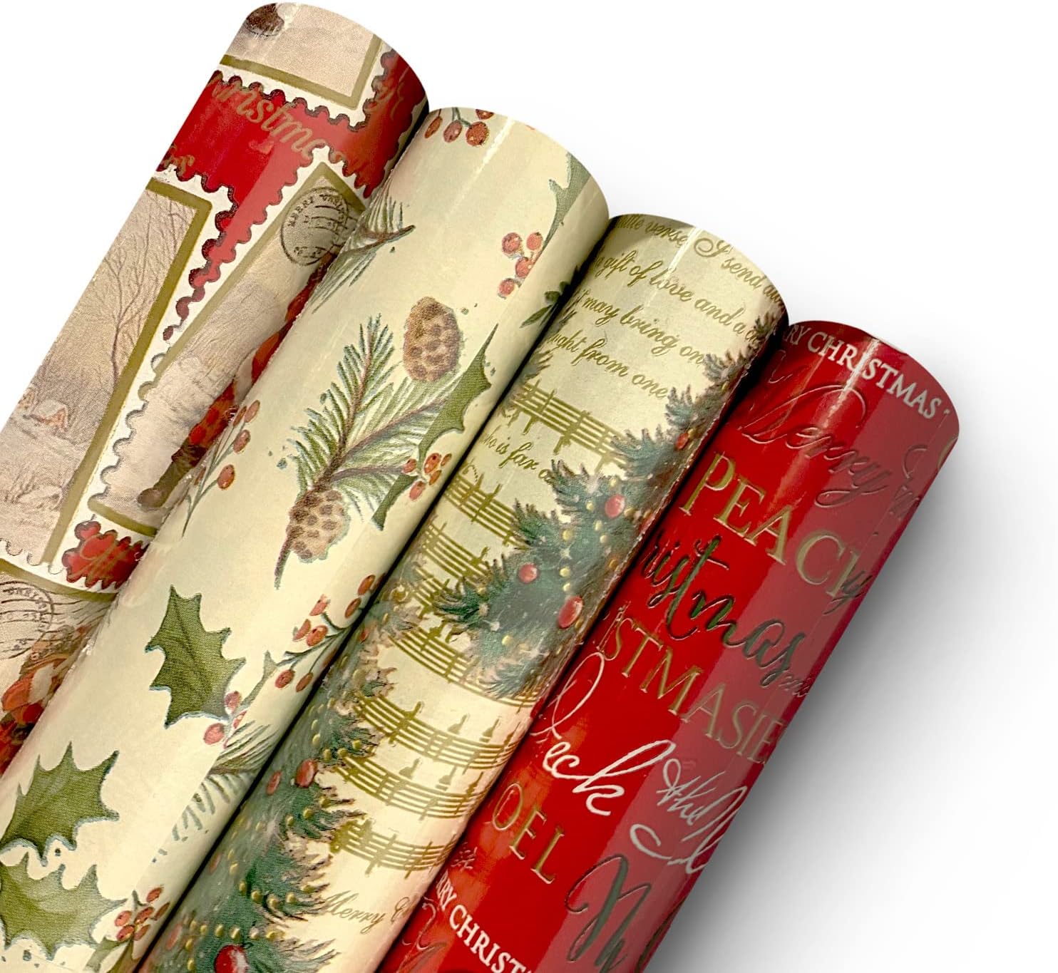 MERRIMEN 4pack 8M Rolls of Wrap Traditional Christmas Pudding, Llama, Holly Wrapping Paper