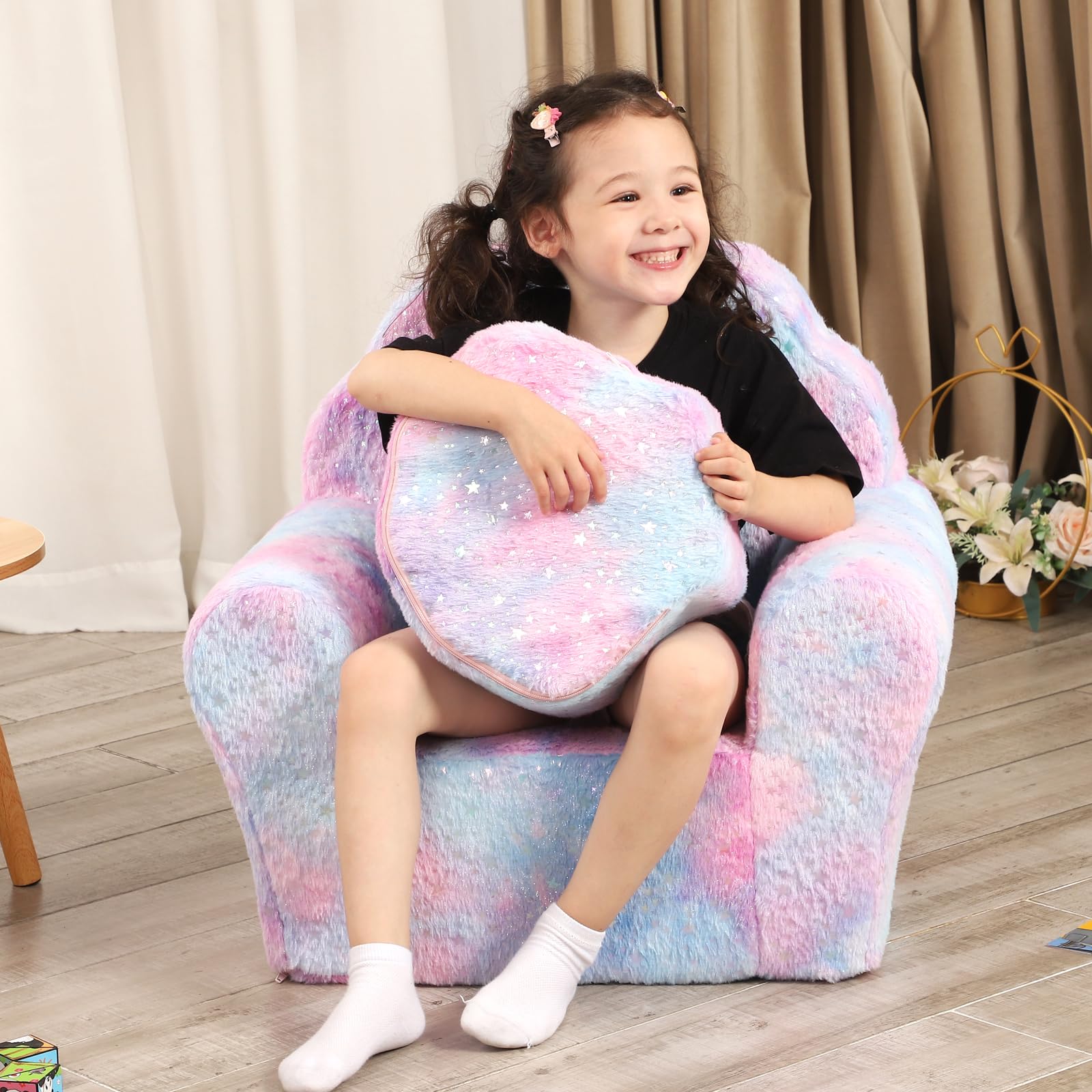 MOMCAYWEX Kids Sofa with Ottoman, Shell-Like Sofa for Boys and Girls, Pink Tie Dye