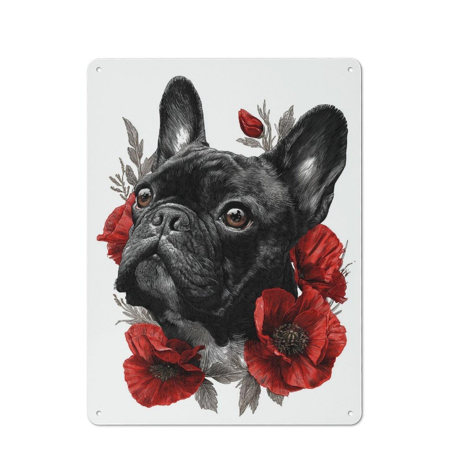 Junmoney Black French Bulldog With Red Poppies Vintage Metal Plaque 40X30cm For Man Cave Or Games Room, For An Autumn Update To Man Cave And Games Room