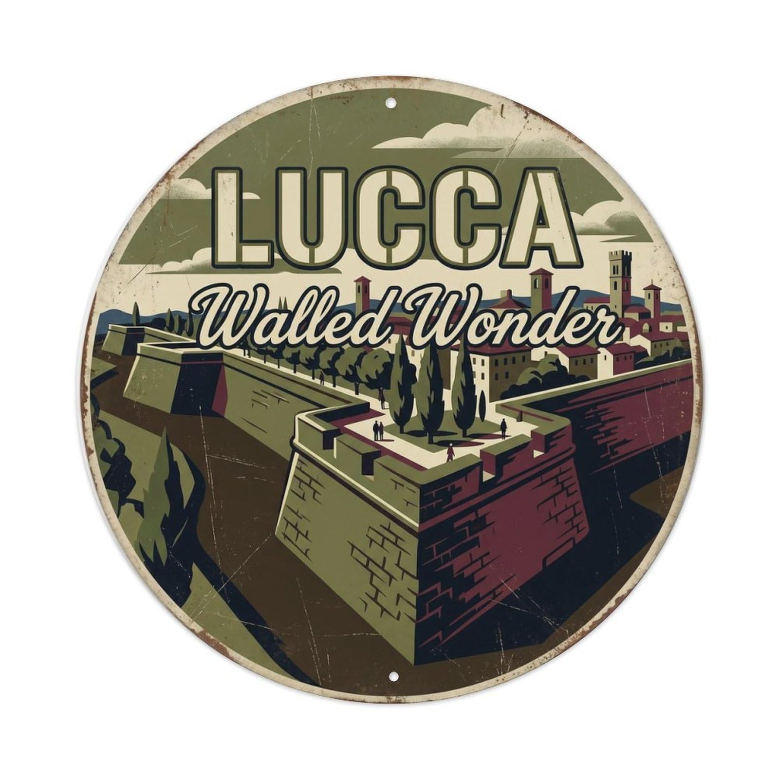 Lucca Ramparts Italy Travel Map Vintage Cityscape Cartography Metal Tin Sign Plaque Wall Decor for Cafe, Man Cave, Club Bar, Office, Home Garden Round Metal Poster 8x8Inch