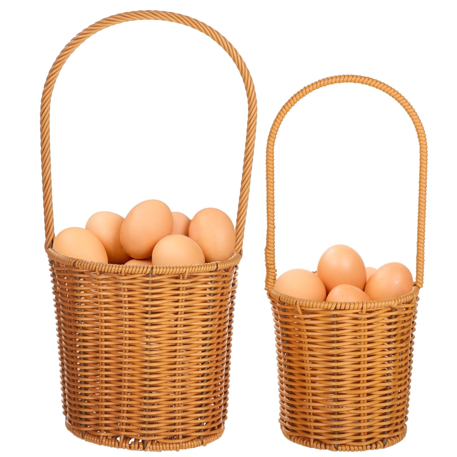 2 cestini per uova in rattan, piccoli e grandi, intrecciati a mano, con manici, perfetti per la raccolta delle uova e la conservazione delle uova, portatili e leggeri