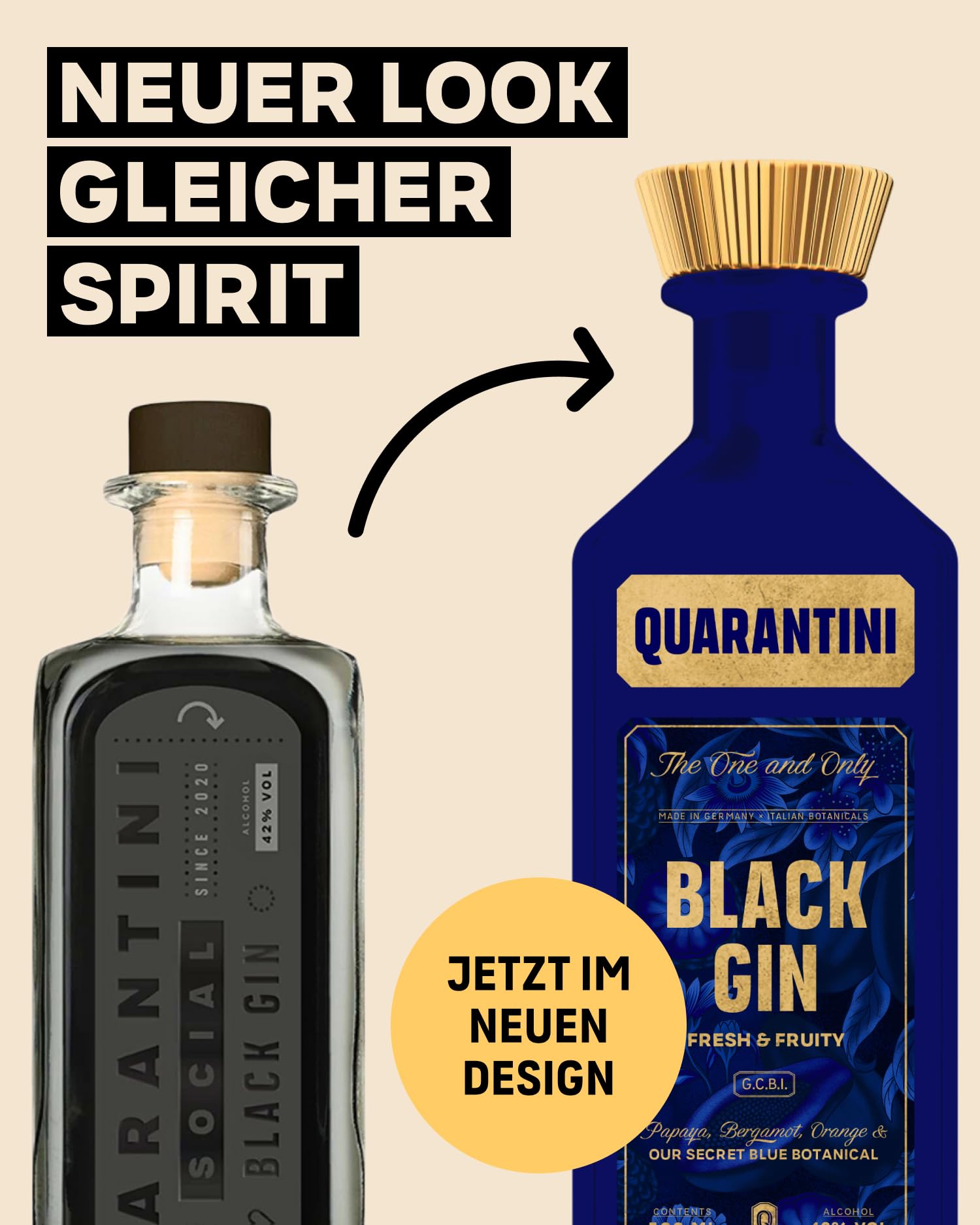 Quarantini Black Gin (500 ml) | Schwarzer Premium Gin 42% Vol. mit hochwertigen, fruchtigen Botanicals aus Papaya & Bergamotte | Ideal als Geschenk