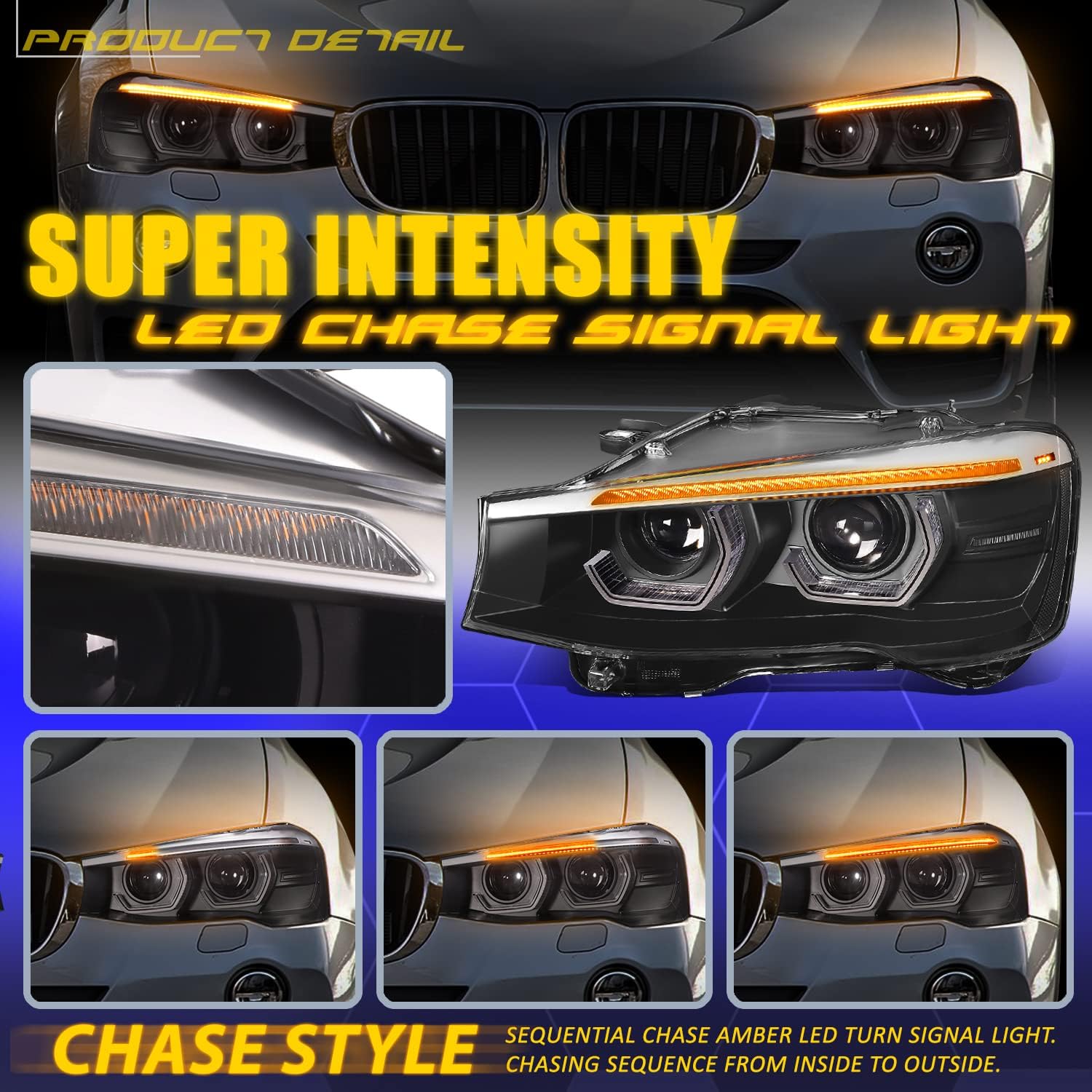 DNA MOTORING Pair LED DRL Sequential Turn Signal Projector Headlights Compatible with 15-17 BMW X3 / 15-18 X4, Black/Clear,HL-3D-X3-BK