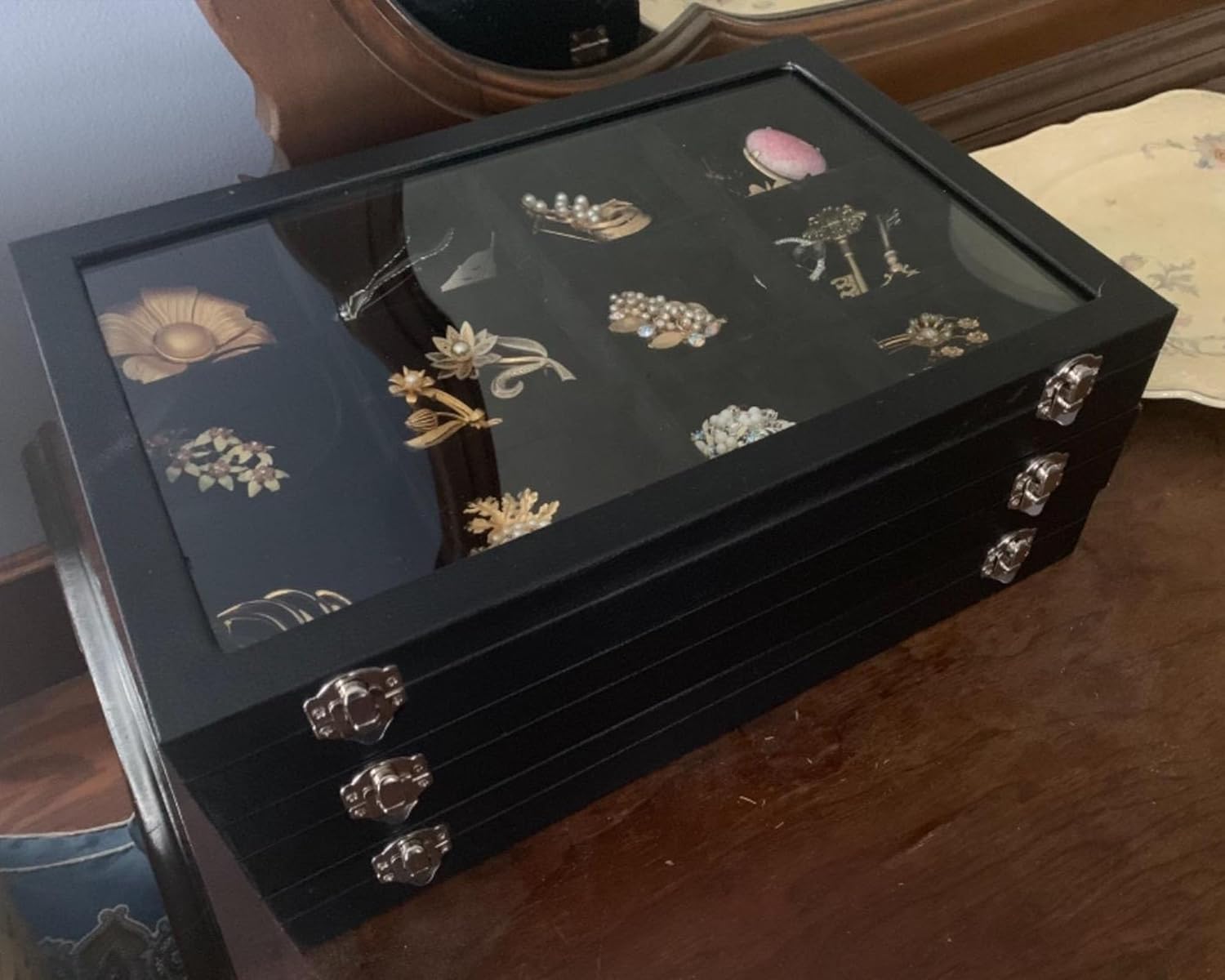 Wudygirl Jewelry Organizer with Clear Lid Black Jewelry Tray for Earrings Rings Bracelet Organizer（12+24 Grid）