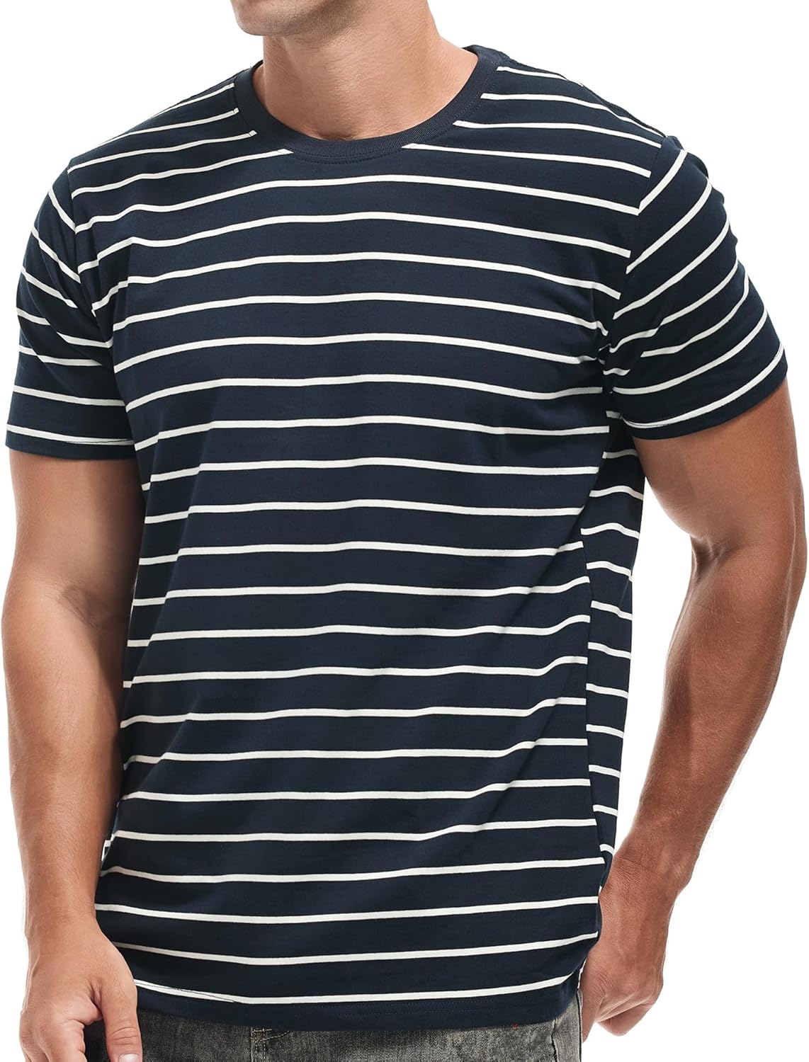 VEIISAR Men's Crewneck Striped T-Shirt Soft Elastic Cotton Tees