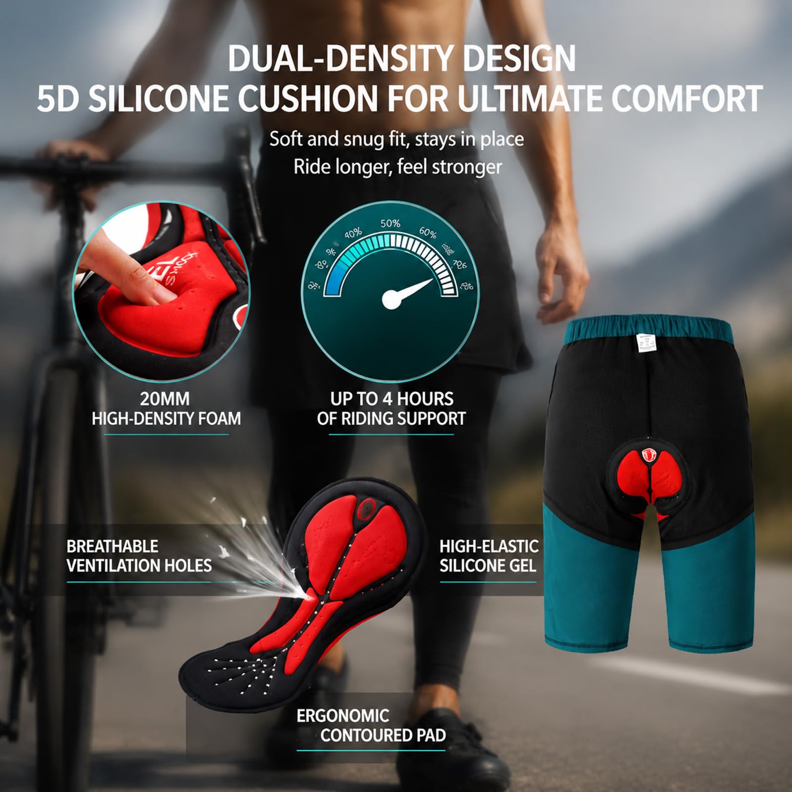 Pantaloncini Ciclismo Imbottiti Uomo con Gel 5D, Pantaloni Bici Traspiranti Asciugatura Rapida con Tasche, Vita Elastica Abbigliamento MTB Bici da Corsa per Lunghe Distanze