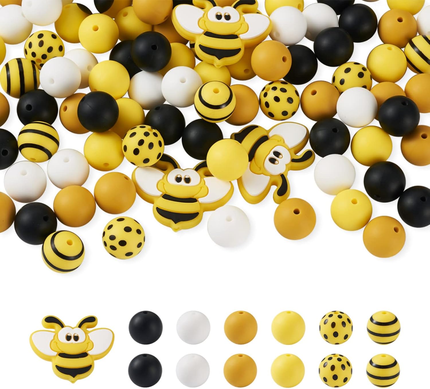 Mega Pet 100Pcs Bee Theme Silicone Beads Mixed Colors Round Silicone Spacer Round Beads with Polka Dot & Stripe Pattern for DIY Jewelry Making