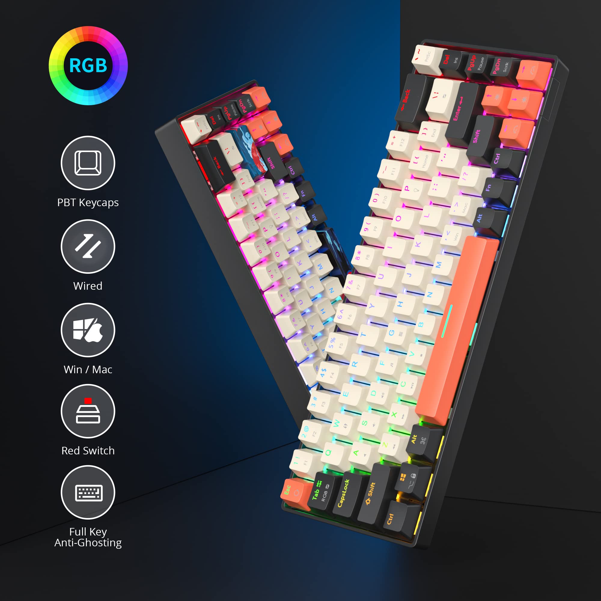 60% Tastiera da Gioco Meccanica, 68 Tasti Compatto Tastiera Gaming 65 Percento TKL Retroilluminata RGB, Anti-ghosting, Layout QWERTY Americana per PC, Mac, PS4