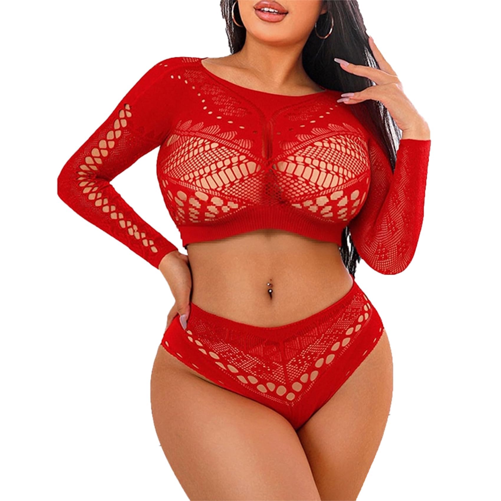 Lingerie Fishnet Two Piece Deep V Neck Teddy Babydoll Mesh Nightwear for Women Mesh Badydoll Fishnets Dresses See Through Lingerie Chemise Outfits with top and Panty for Women Girl-image-47