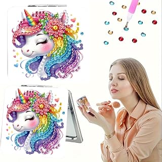 Rainbow White Horse Special Shaped DIY Diamond Art Small Makeup Mirror Foldable Crystal Drill Art for Adults Office Stress Relief Creative Wall Sparkling Rhinestone Mosaic Kit