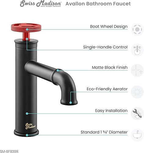 Miniatura 6 de Swiss Madison Well Made Forever Avallon - Grifo de baño de un solo agujero, mango único, color negro mate con mango rojo