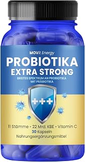 MOVit Probiotika EXTRA STRONG, Nahrungsergänzung, 11 Stämme, 22 Mrd. KBE plus Inulin & Vitamin C, Unterstützt Darmflora, Verdauung & Immunsystem, Vegan & familientauglich - 30 Kapseln