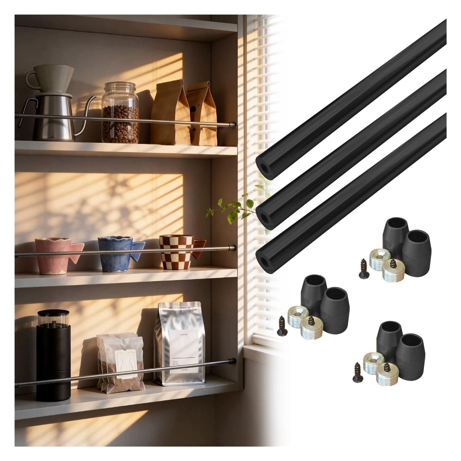 Peynir Black 3Pcs Decorative Aluminum Alloy Shelf Guard Railing 3Pcs, Pantry Cabinet Tipping Rail Bar With End Cap & Screws, Gallery Edge Organizer Rail, Customizable Length(,39″/99Cm)