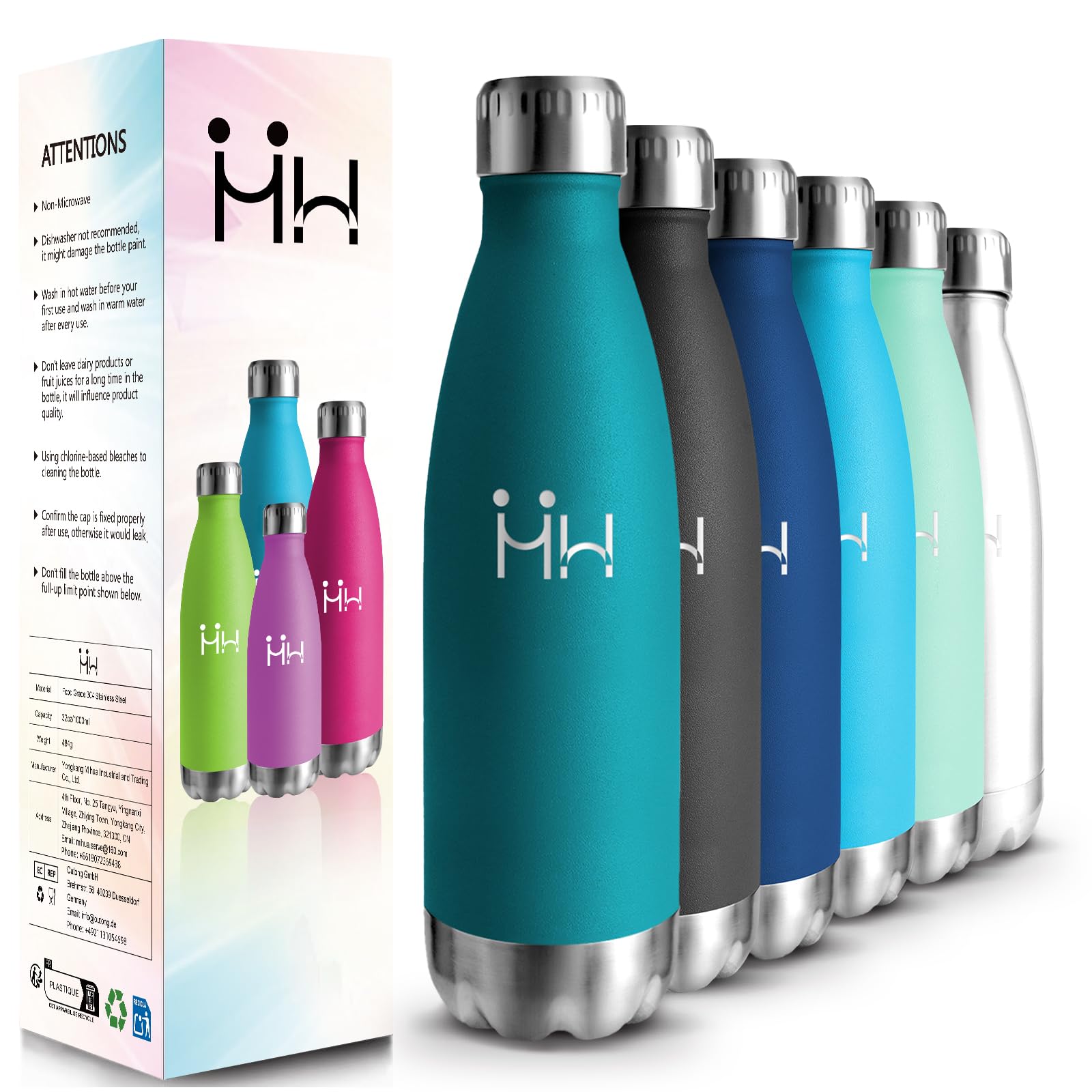 HoneyHolly Trinkflasche Edelstahl, Trinkflasche Kinder, 500ML BPA-frei, Thermosflasche, Wasserflasche Doppelwandig, Thermosflasche Kohlensäure Geeignet, Trinkflaschen Sport für Fitness, Gym, Fahrrad