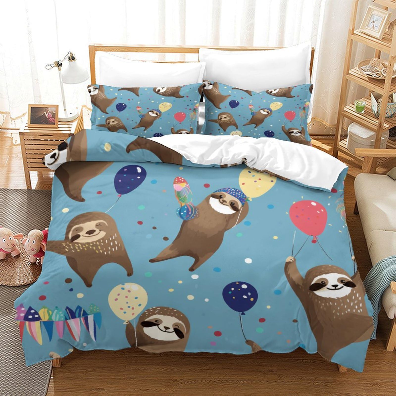 P1S9U7W5Y 3D Printed Cartoon Sloth Duvet Cover Set 3pcs Microfiber Balloon Bedding Set Double