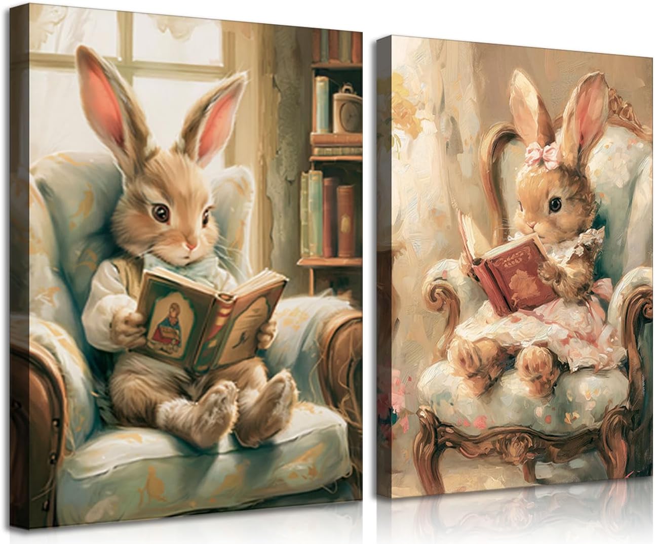 Rabbit Reading Canvas Wall Art Set, Cute Bunny Animal Painting Prints, Vintage Storybook Style Nursery Decor, Whimsical Woodland Wall Decor for Kids Room Bedroom Living Room 16x24in Ready to Hang