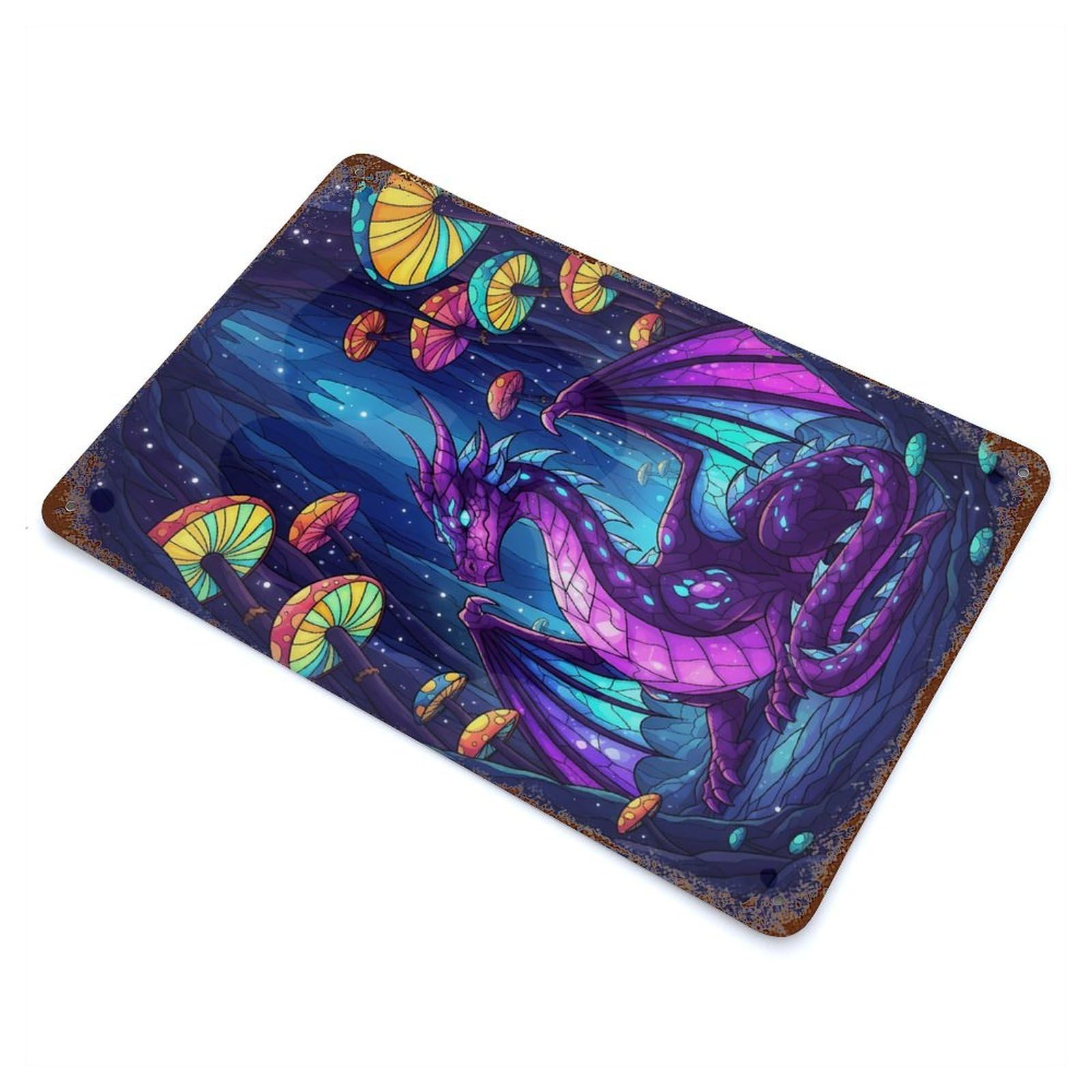 Purple Dragon in Mushroom Cave Weathered Tin Sign 11.8"x7.9", Rustic Home Decor for Office, Studio And Wall Decor