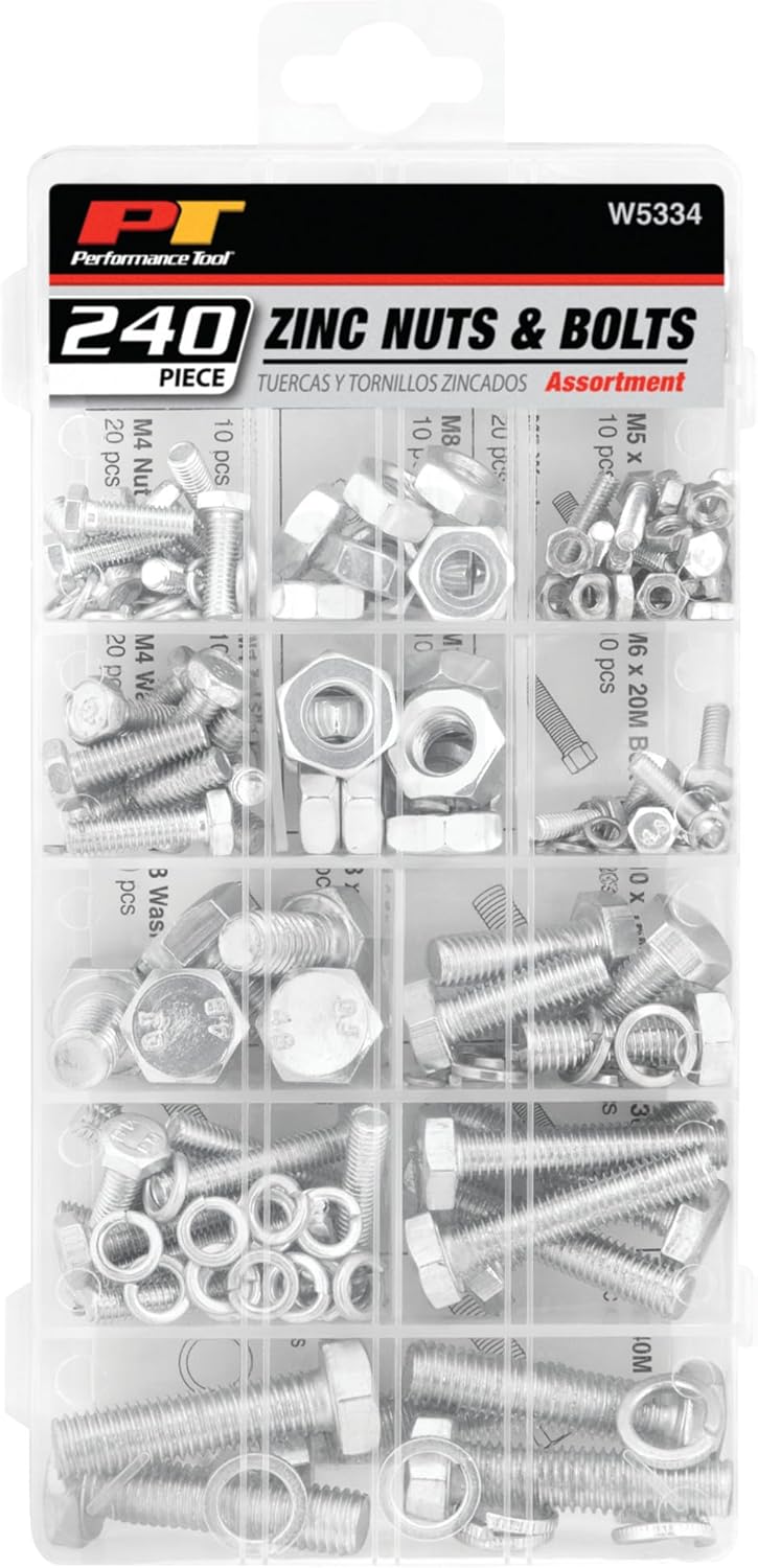 Performance Tool W5334 240pc Zinc Nuts & Bolts Assortment With Case