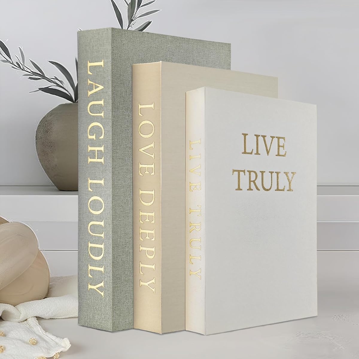 Libros decorativos estéticos, juego de 3 libros de imitación de lino para decoración | Cajas de libros falsas con espacio de almacenamiento, no requiere montaje, decoración moderna para estantes, mesa de centro, sala de estar
