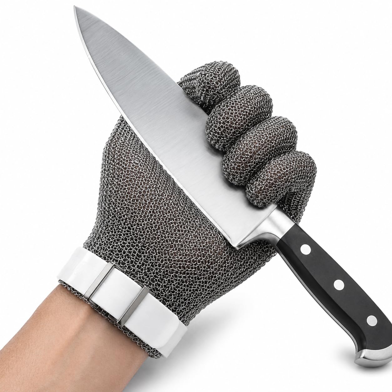 Guante Anticorte de Malla Acero Inoxidable, Guante Carnicero Reversible con Correa, Ambidiestro 5 Dedos, 5 Tallas XXS a L, Cocina Profesional Carnicería Pescadería (XS)